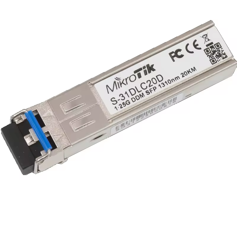 Mikrotik S-31DLC20D is a 1.25G SFP transceiver with a 1310nm Dual LC connector, for up to 20 kilometer Single Mode fiber connections, with DDM
